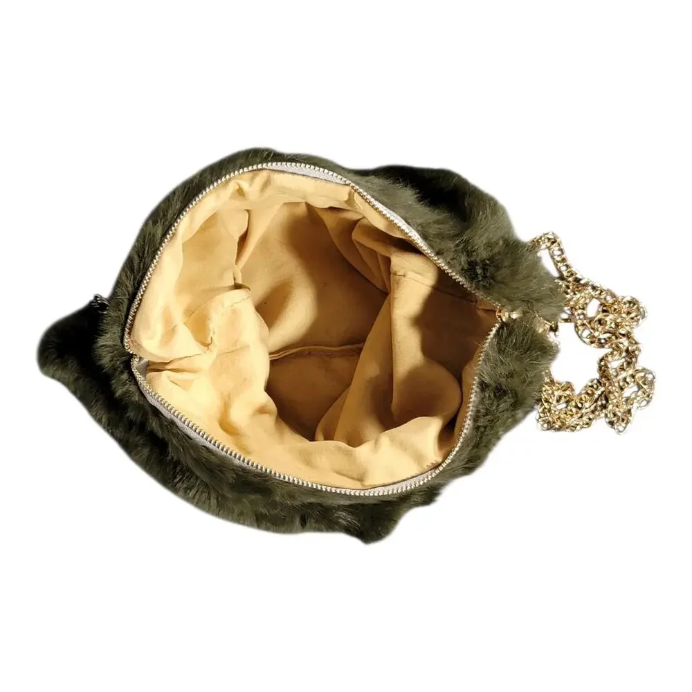 Faux Fur Shoulder Crossbody Bag with Gold Tone Chain Strap Winter Cozy Green‎